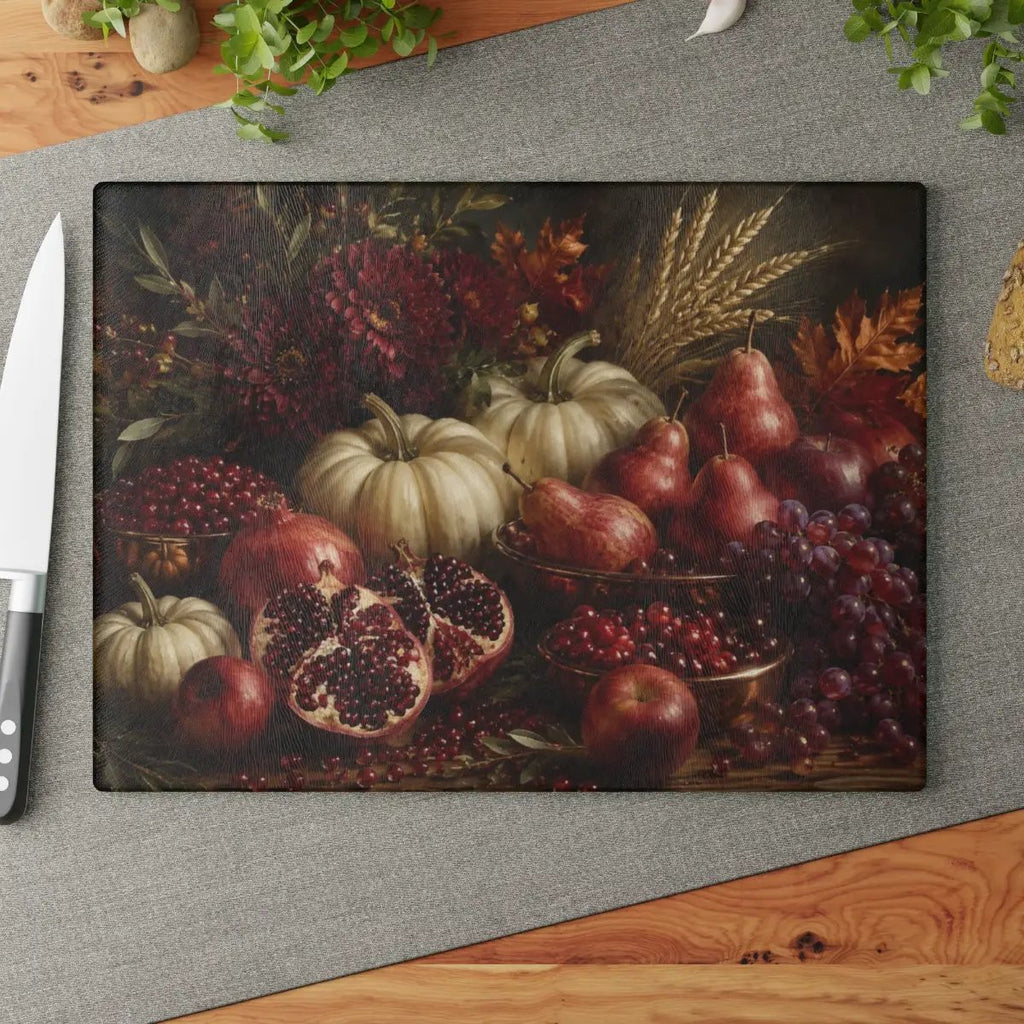 Pomegranate Glass Cutting Board, White Pumpkin Fall Kitchen Decor, Elegant Autumn Cutting Board, Harvest Kitchen Gift