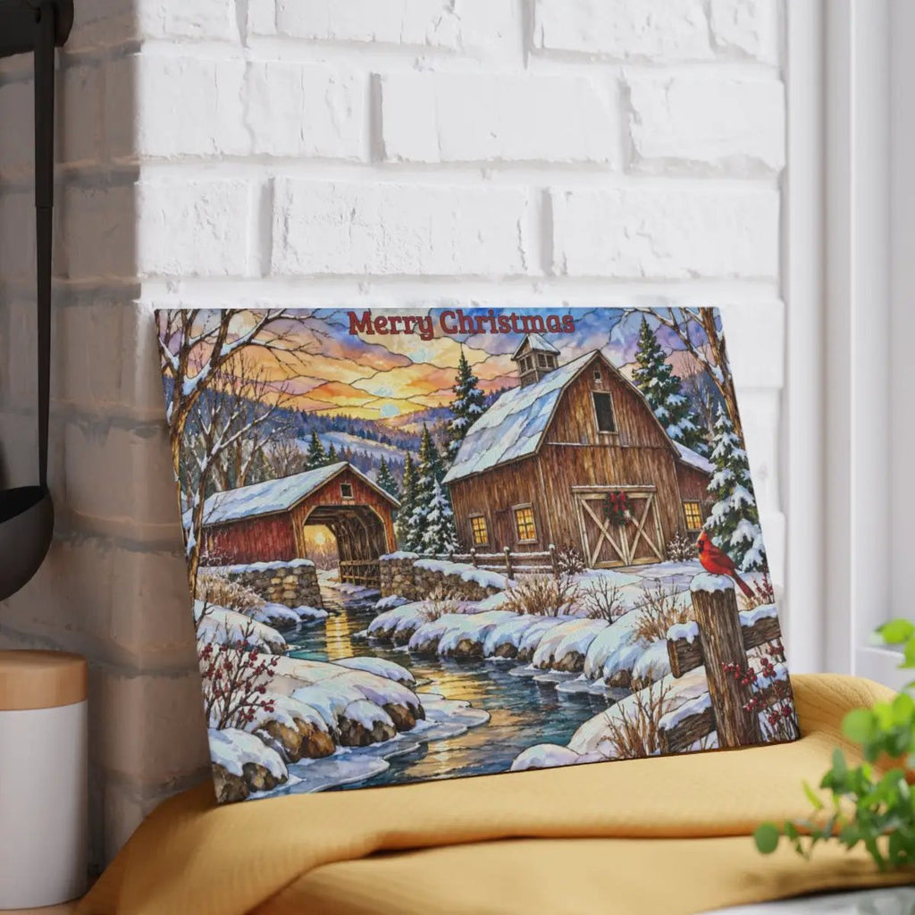 Cardinal Creek Winter Barn Glass Cutting Board, Red Cardinal Farmhouse Kitchen Decor, Country Christmas Gift
