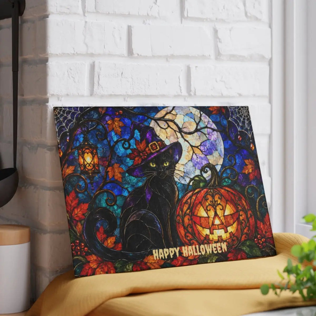 Halloween Black Witch Cat Personalized Glass Cutting Board, Spooky Pumpkin Kitchen Decor