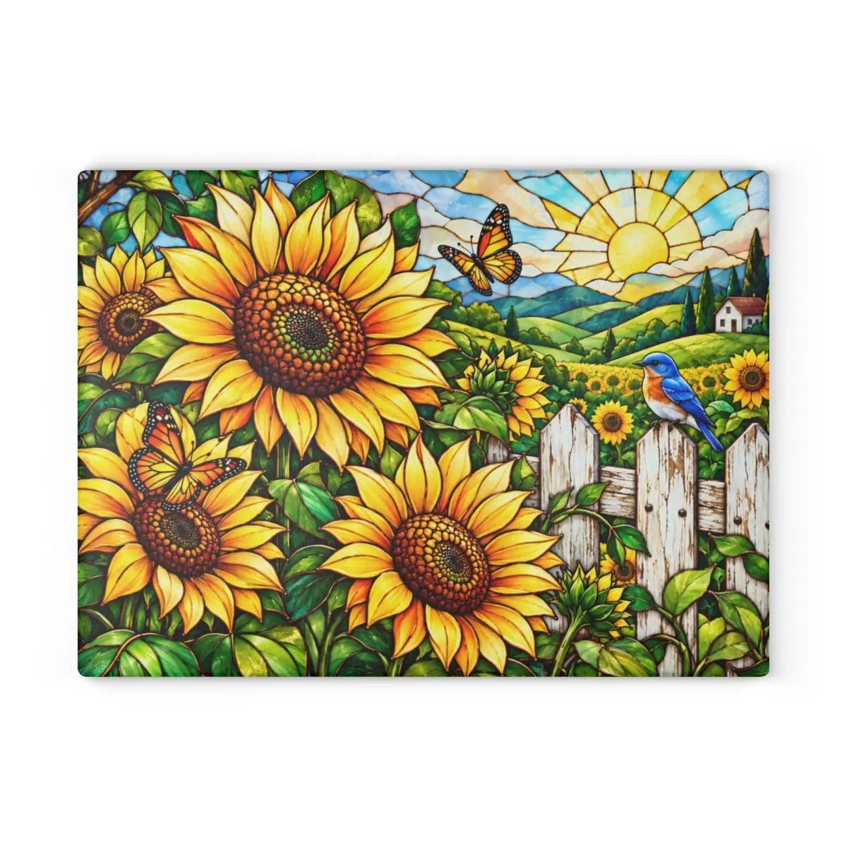 Sunflower Glass Cutting Board, Country Garden Kitchen Decor, Butterfly Sunflower Gift, Bluebird Floral Board, Cottage Kitchen Decor