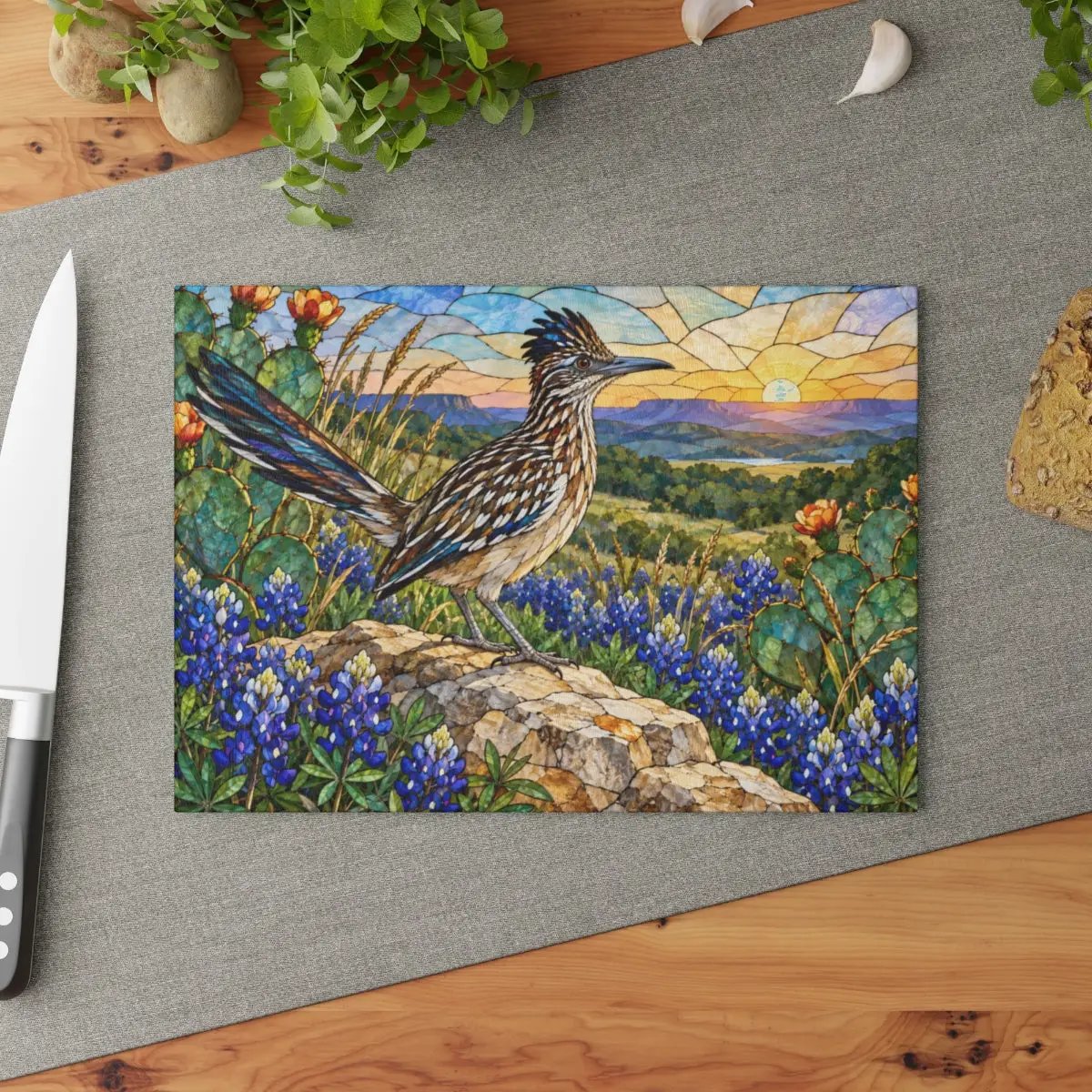 Roadrunner Glass Cutting Board, Southwestern Bird Kitchen Decor, Wildflower Landscape Chopping Board, Nature Lover Gift, Birdwatcher Gift
