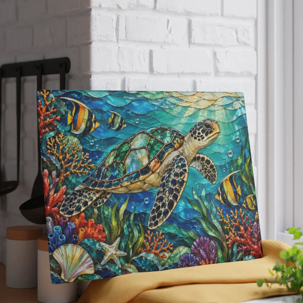 Sea Turtle Reef Glass Cutting Board, Ocean Kitchen Decor, Underwater Coral Sea Life Chopping Board, Coastal Housewarming Gift Idea
