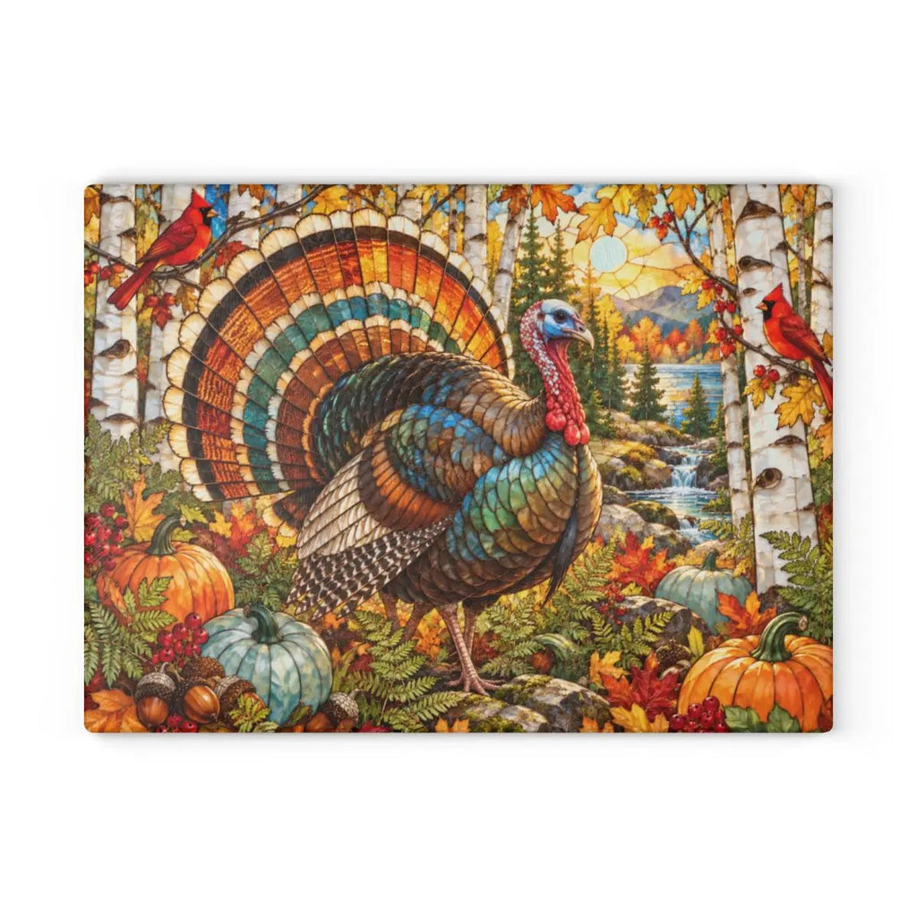 Thanksgiving Turkey Glass Cutting Board, Woodland Turkey Kitchen Decor, Fall Cardinal Birch Forest Cutting Board, Autumn Gift