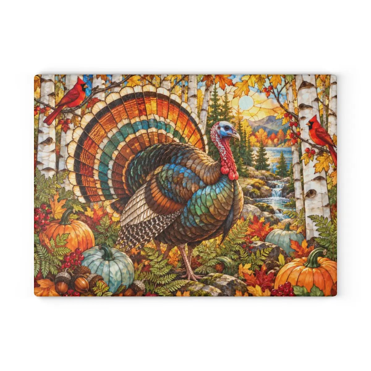 Thanksgiving Turkey Glass Cutting Board, Woodland Turkey Kitchen Decor, Fall Cardinal Birch Forest Cutting Board, Autumn Gift
