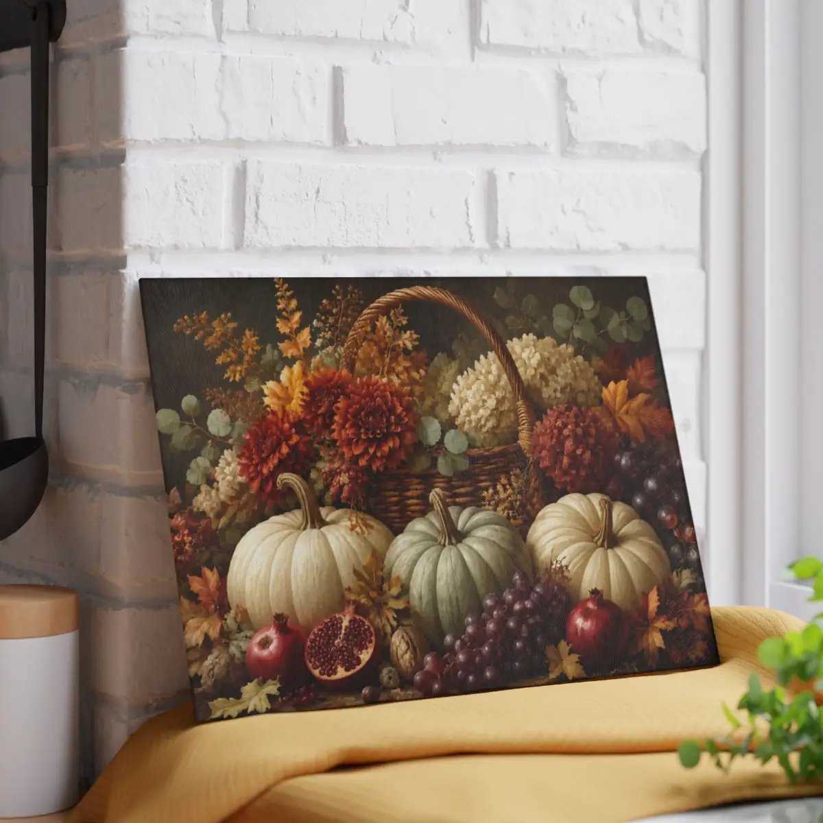 White Pumpkin Glass Cutting Board, Elegant Fall Kitchen Decor, Autumn Floral Cutting Board, Thanksgiving Hostess Gift