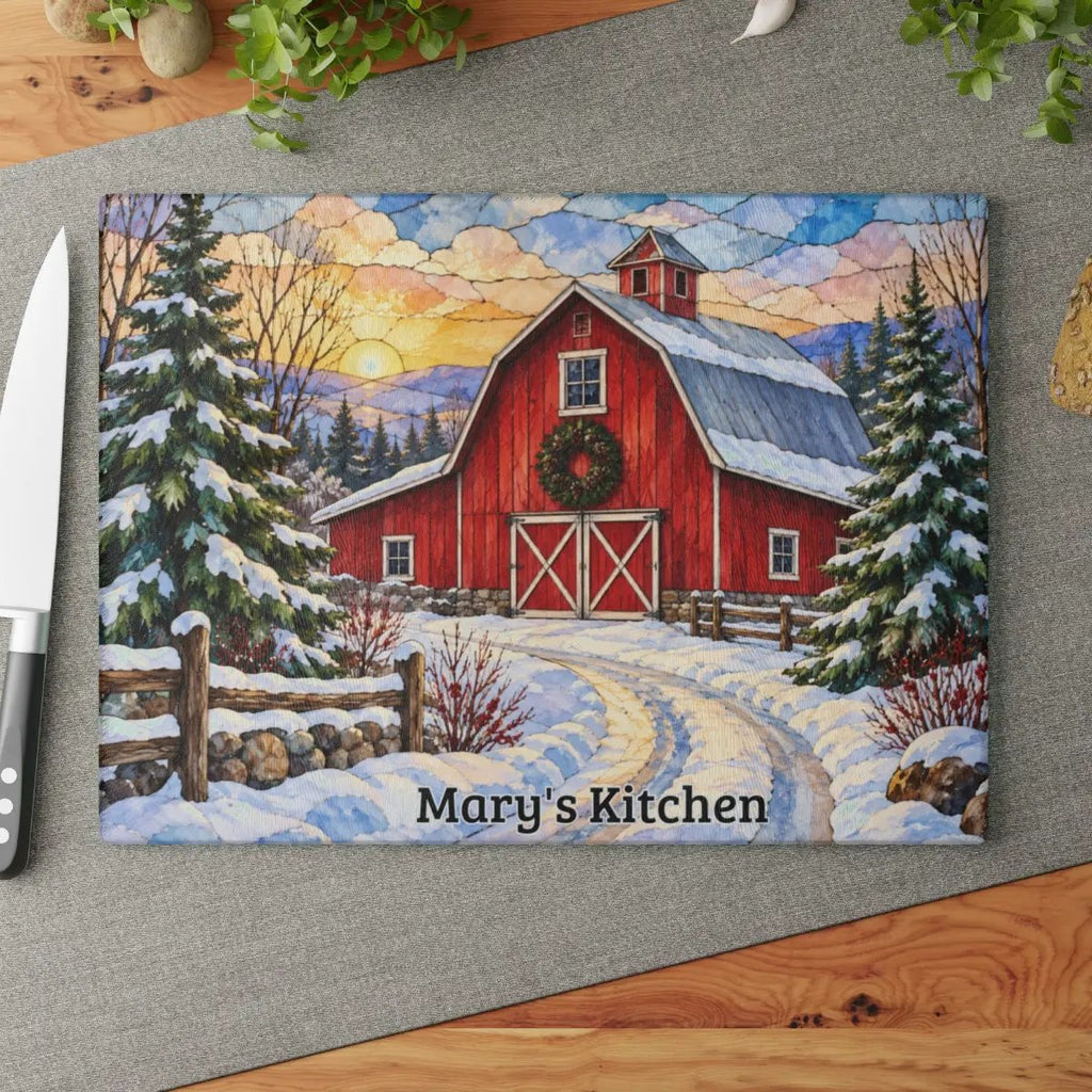 Winter Red Barn Glass Cutting Board, Snowy Country Road Farmhouse Kitchen Decor, Rustic Christmas Barn Gift