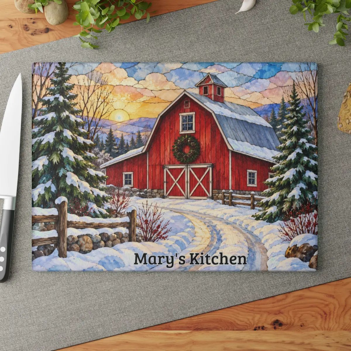 Winter Red Barn Glass Cutting Board, Snowy Country Road Farmhouse Kitchen Decor, Rustic Christmas Barn Gift