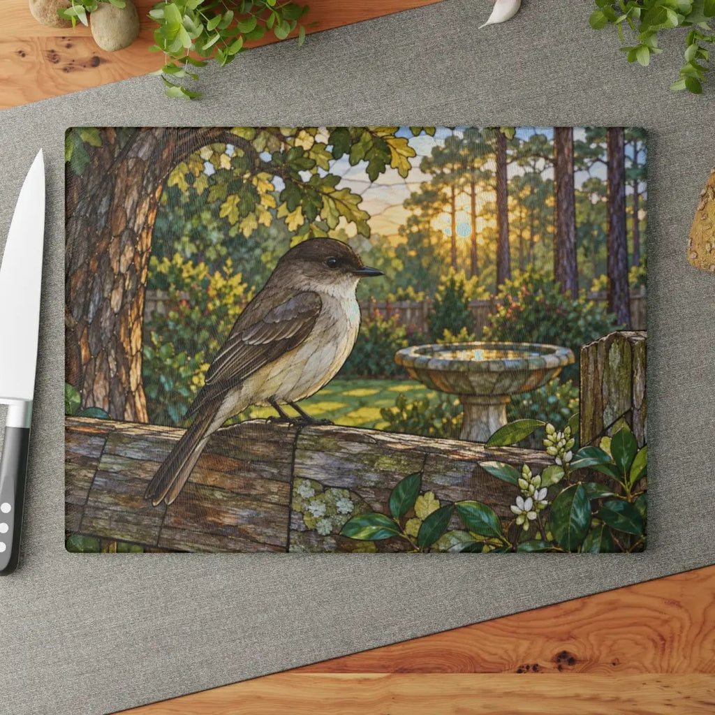 Eastern Phoebe Glass Cutting Board, Backyard Bird Kitchen Decor, Birdwatcher Gift, Bird Lover Gift, Nature Inspired Serving Board