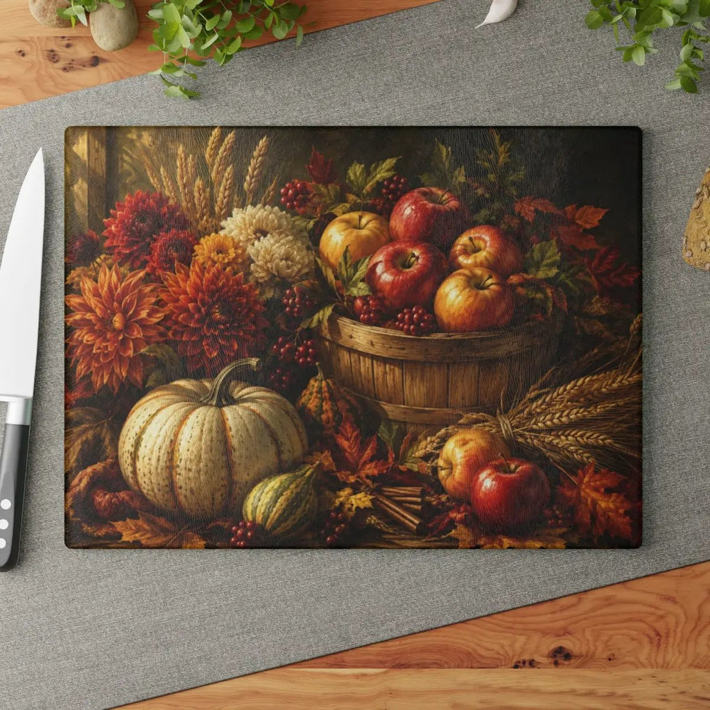 Apple Harvest Glass Cutting Board, Fall Farmhouse Kitchen Decor, Pumpkin Apple Cutting Board, Autumn Kitchen Gift