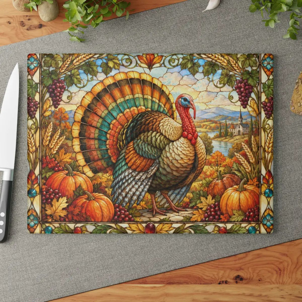 Thanksgiving Turkey Glass Cutting Board, Stained Glass Harvest Kitchen Decor, Fall Turkey Chopping Board, Country Thanksgiving Gift