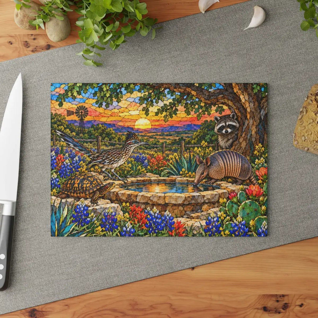 Texas Wildlife Glass Cutting Board, Roadrunner Armadillo Raccoon Bluebonnet Kitchen Decor, Waterhole Texas Gift, Colorful Southwest Art