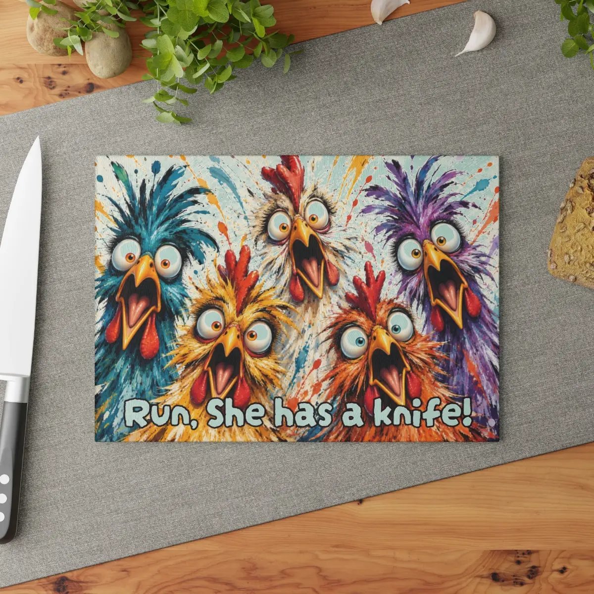 Screaming Chicken Flock Cutting Board, Funny Chicken Kitchen Decor, Colorful Hen Lover Gift, Farmhouse Chicken Gift