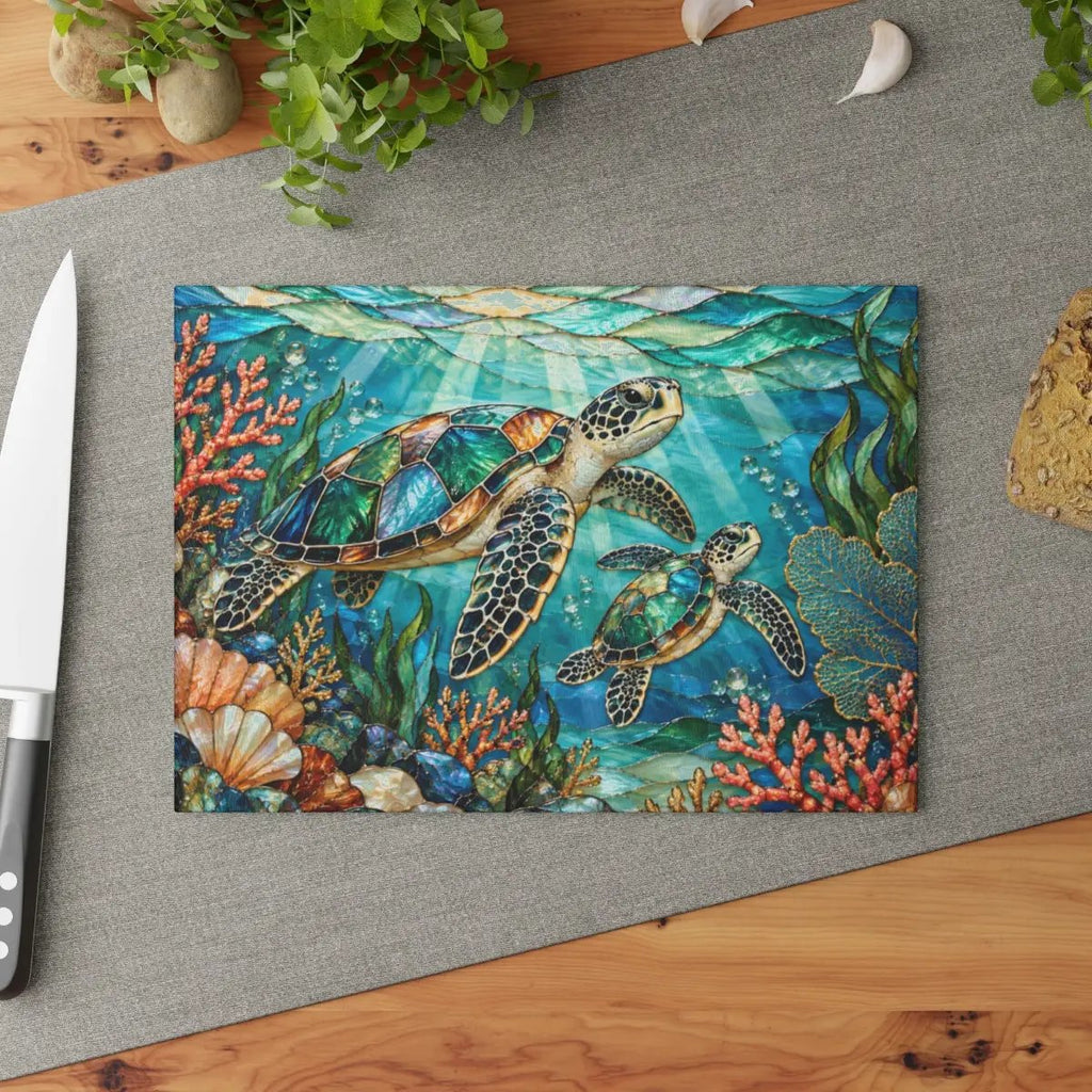Sea Turtle Cutting Board, Ocean Kitchen Decor, Marine Life Glass Chopping Board, Coastal Sea Turtle Gift, Coral Reef Kitchen Art Piece