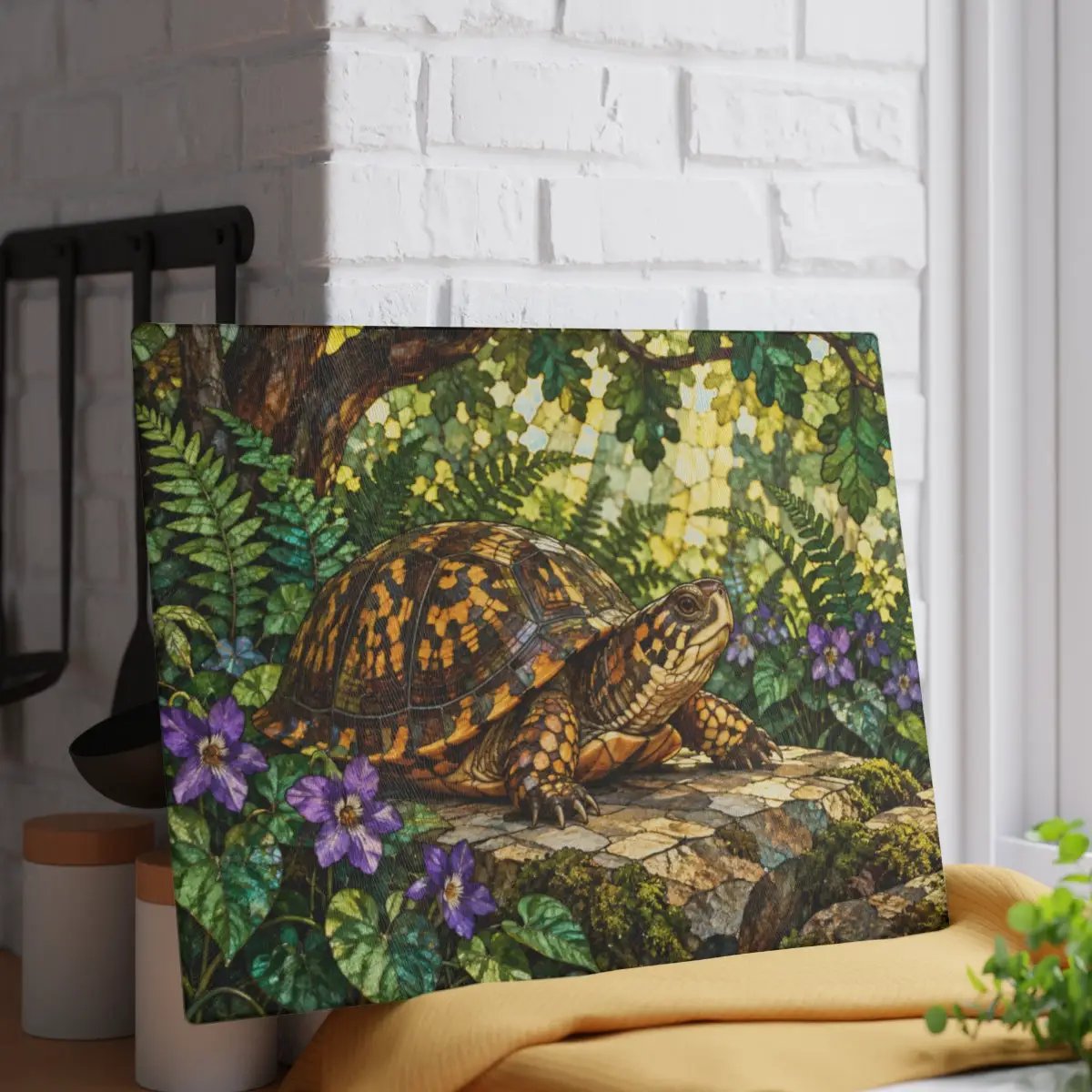 Box Turtle Cutting Board, Woodland Nature Kitchen Decor, Tempered Glass Chopping Board, Turtle Lover Gift, Forest Animal Kitchen Art