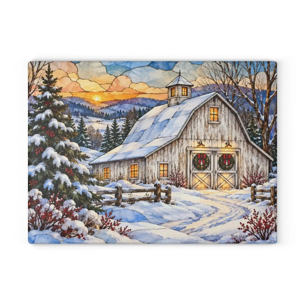 Personalized Winter Barn Cutting Board, Country Farmhouse Kitchen Decor, Stained Glass Farm Scene, Rustic Christmas Gift, Custom Family Gift