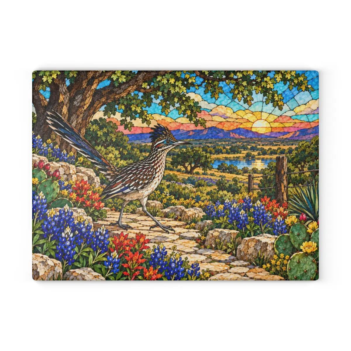 Texas Roadrunner Glass Cutting Board, Bluebonnet Kitchen Decor, Hill Country Wildlife Art, Southwestern Bird Gift, Texas Housewarming
