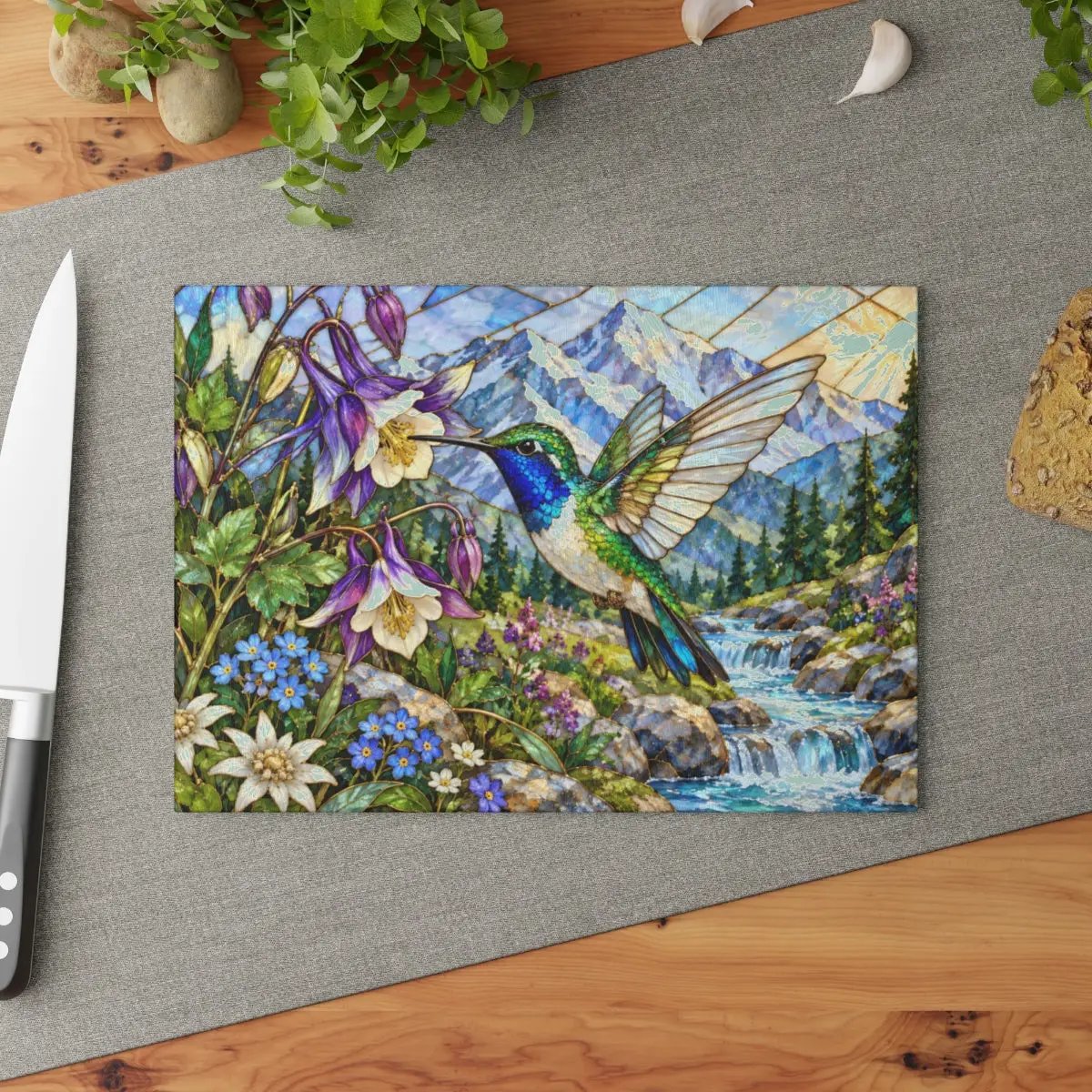 Hummingbird Glass Cutting Board, Stained Glass Mountain Art, Columbine Flower Kitchen Decor, Bird Lover Gift, Alpine Nature Cutting Board