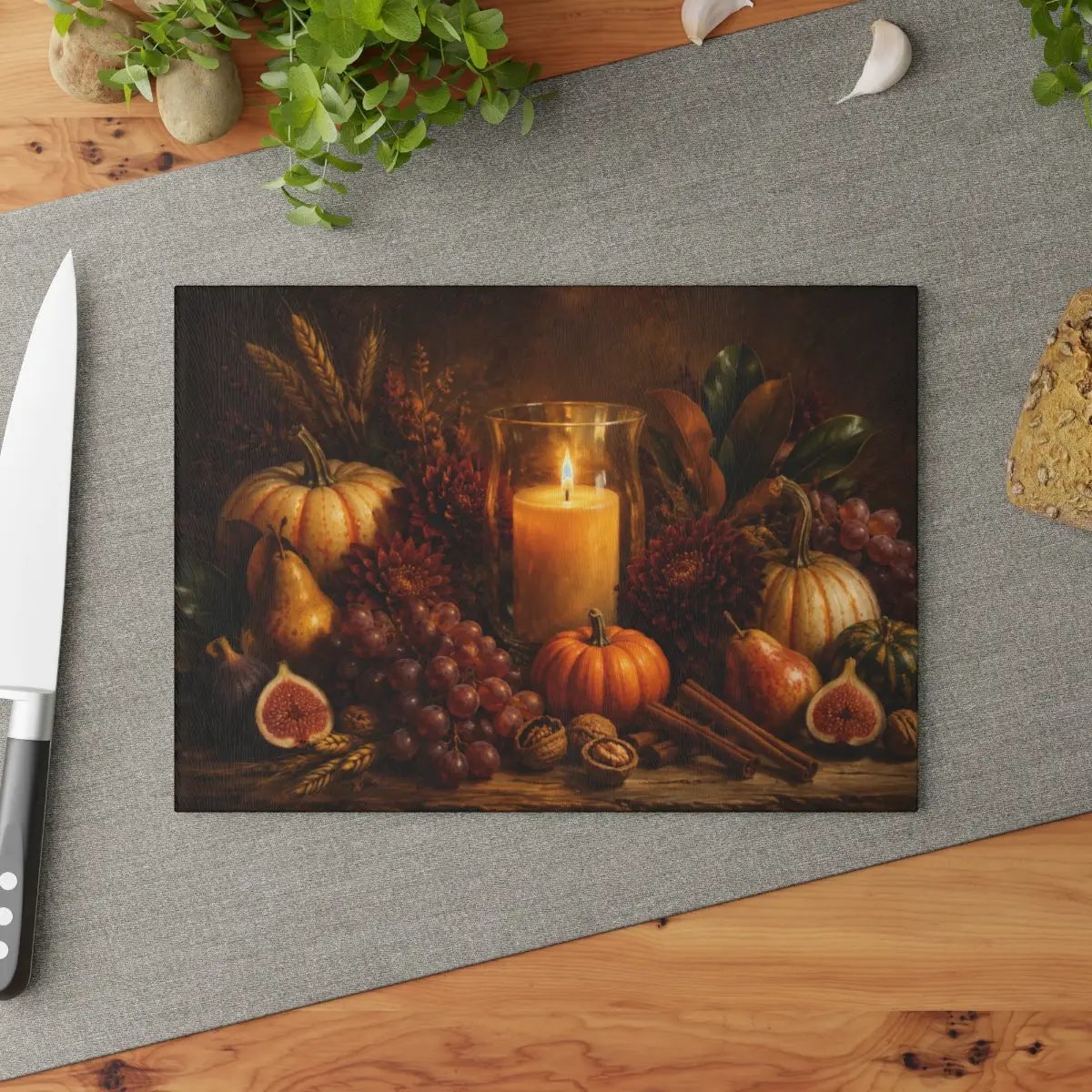 Fall Candle Glass Cutting Board, Cozy Autumn Kitchen Decor, Pumpkin Harvest Cutting Board, Thanksgiving Hostess Gift