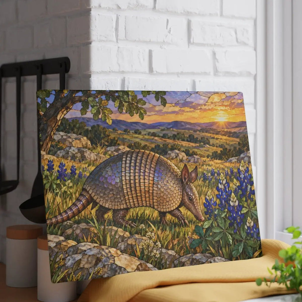 Texas Armadillo Glass Cutting Board, Bluebonnet Kitchen Decor, Wildlife Chopping Board, Southwestern Countryside Kitchen Gift, 2 Sizes