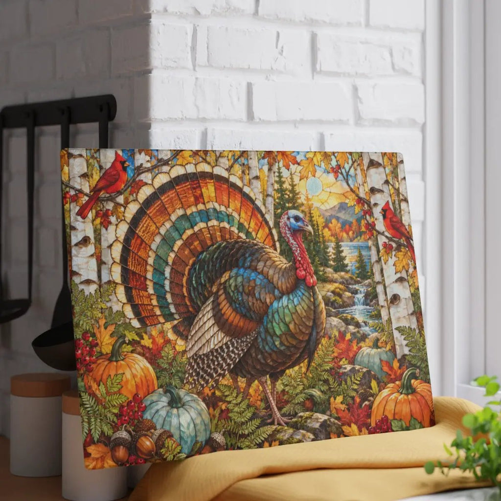 Thanksgiving Turkey Glass Cutting Board, Woodland Turkey Kitchen Decor, Fall Cardinal Birch Forest Cutting Board, Autumn Gift