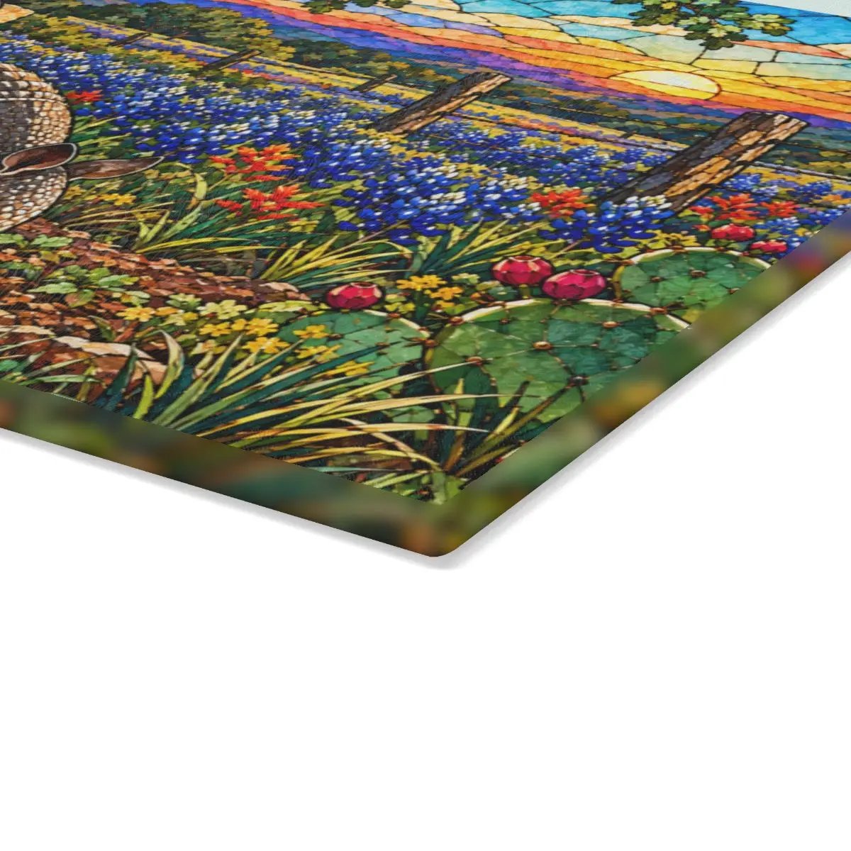 Texas Armadillo Glass Cutting Board, Bluebonnet Kitchen Decor, Stained Glass Style Texas Wildlife Gift, Country Garden Housewarming Gift