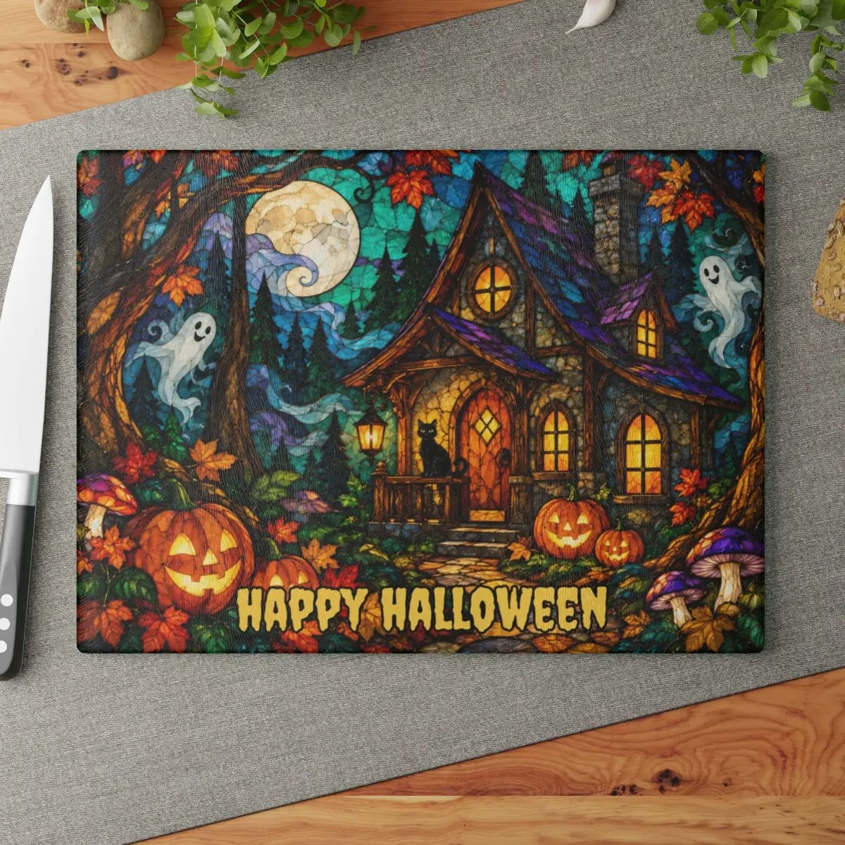 Halloween Haunted House Personalized Glass Cutting Board, Spooky Cottage Glass Kitchen Decor