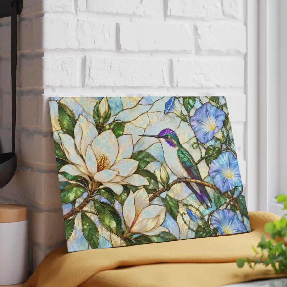 Hummingbird Cutting Board, Stained Glass Bird Decor, Magnolia Flower Kitchen Decor, Morning Glory Gift, Nature Lover Gift