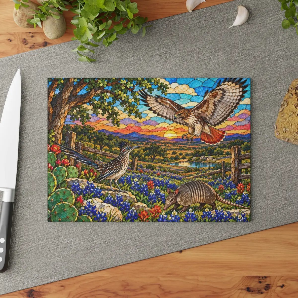 Texas Wildlife Glass Cutting Board, Roadrunner, Armadillo, Hawk Art, Bluebonnet Kitchen Decor, Hill Country Gift, Texas Wildlife Decor