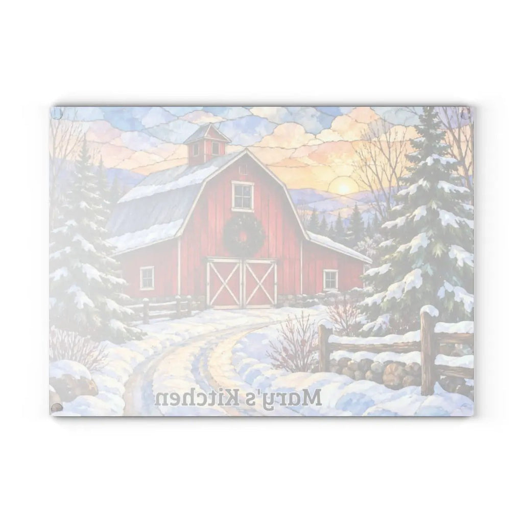 Winter Red Barn Glass Cutting Board, Snowy Country Road Farmhouse Kitchen Decor, Rustic Christmas Barn Gift