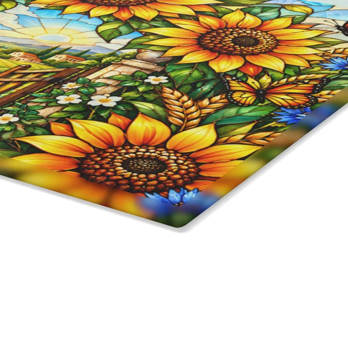 Sunflower Glass Cutting Board, Garden Gate Kitchen Decor, Stained Glass Floral Art, Sunflower Housewarming Gift, Cottage Garden Decor