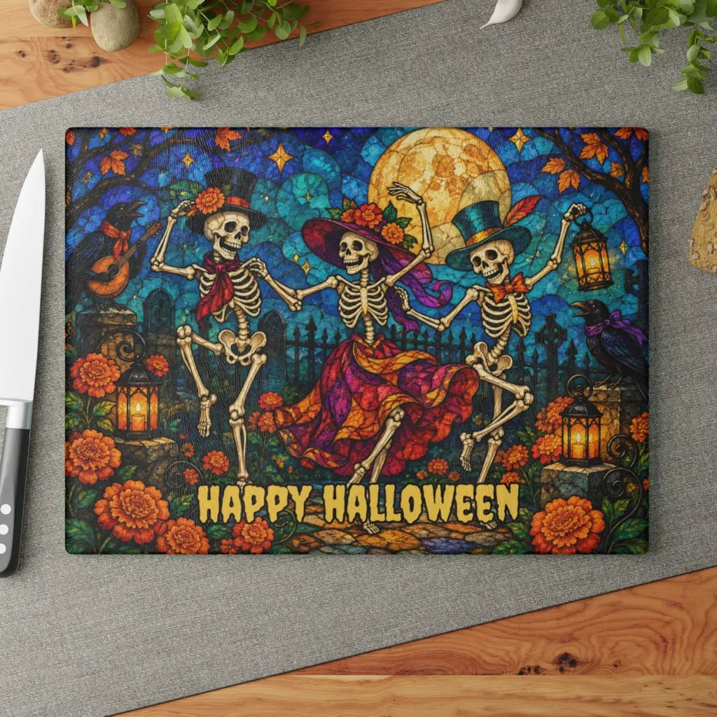 Halloween Dancing Skeletons Personalized Glass Cutting Board, Spooky Pumpkin Kitchen Decor