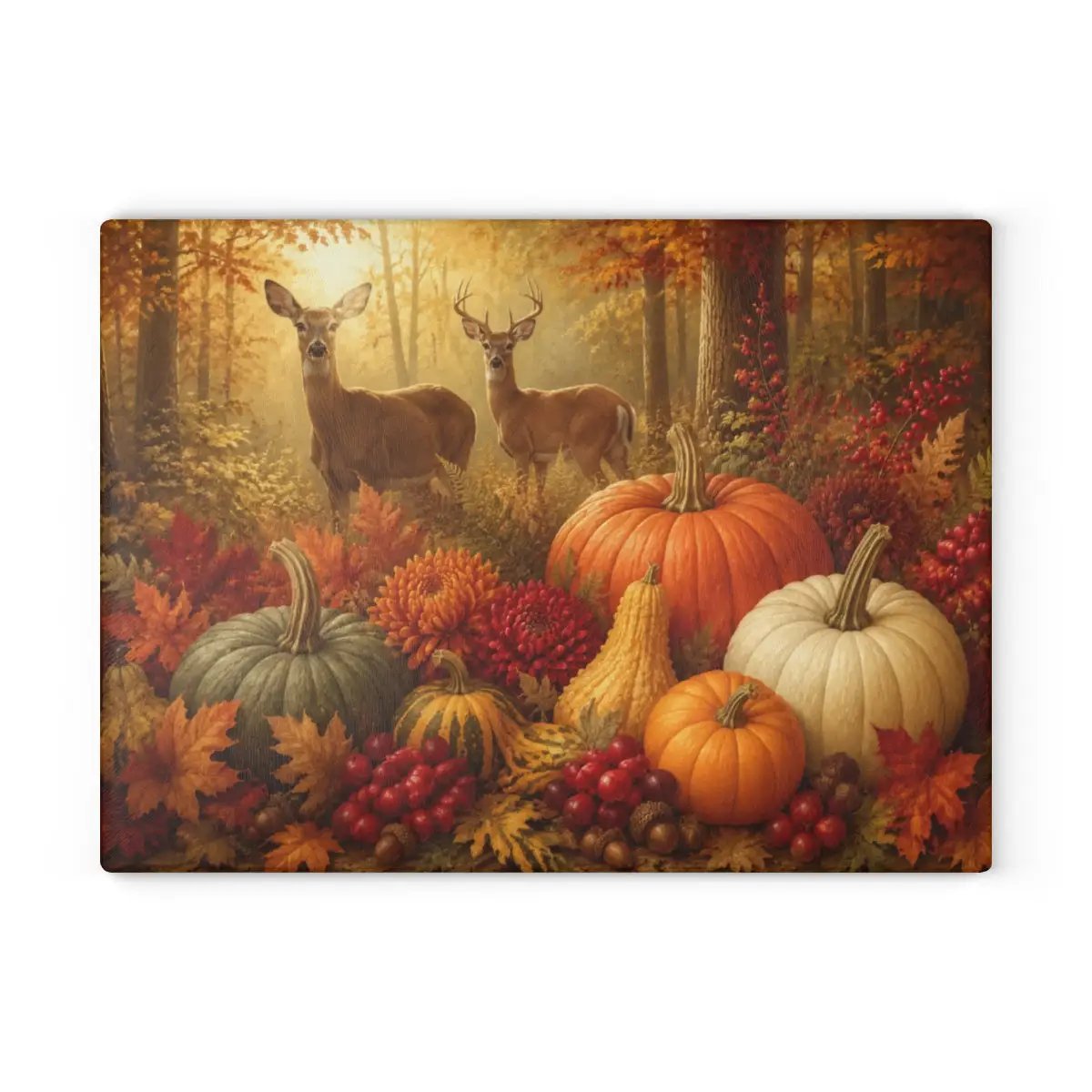 Deer Glass Cutting Board, Woodland Fall Kitchen Decor, Pumpkin Harvest Cutting Board, Rustic Autumn Gift