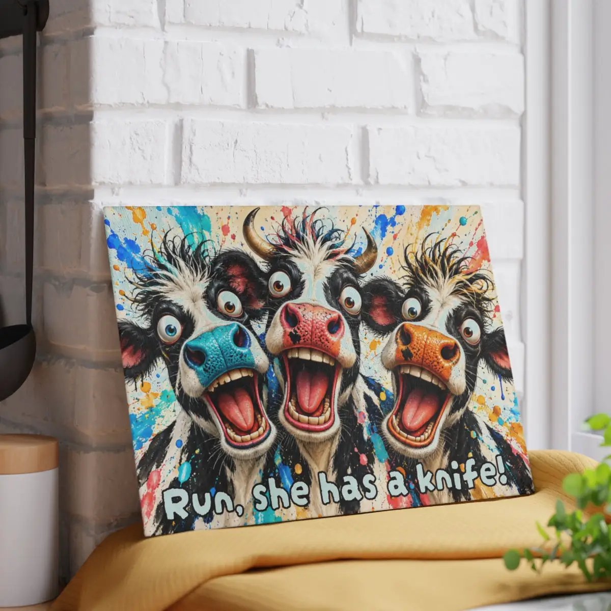 Funny Screaming Cow Glass Cutting Board, Colorful Cow Kitchen Decor, Cow Lover Gift, Funny Farmhouse Gift