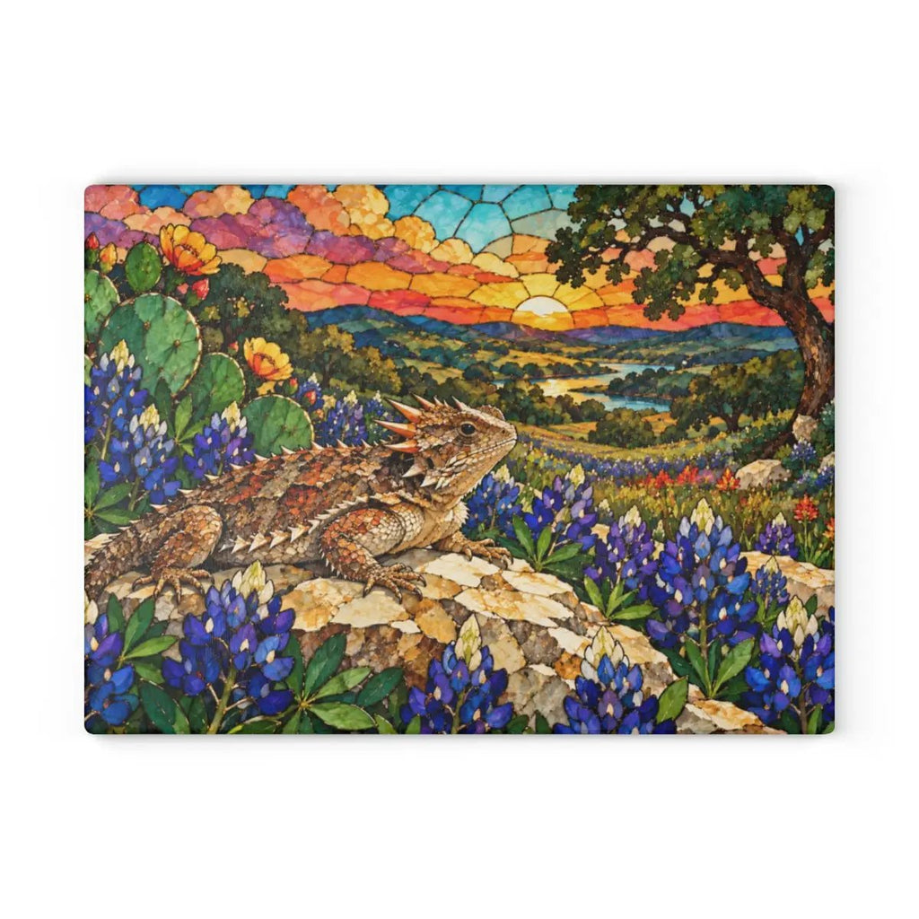 Texas Horned Lizard Glass Cutting Board, Bluebonnet Kitchen Decor, Texas Wildflower Cutting Board, Horny Toad Gift, Texas Housewarming Gift