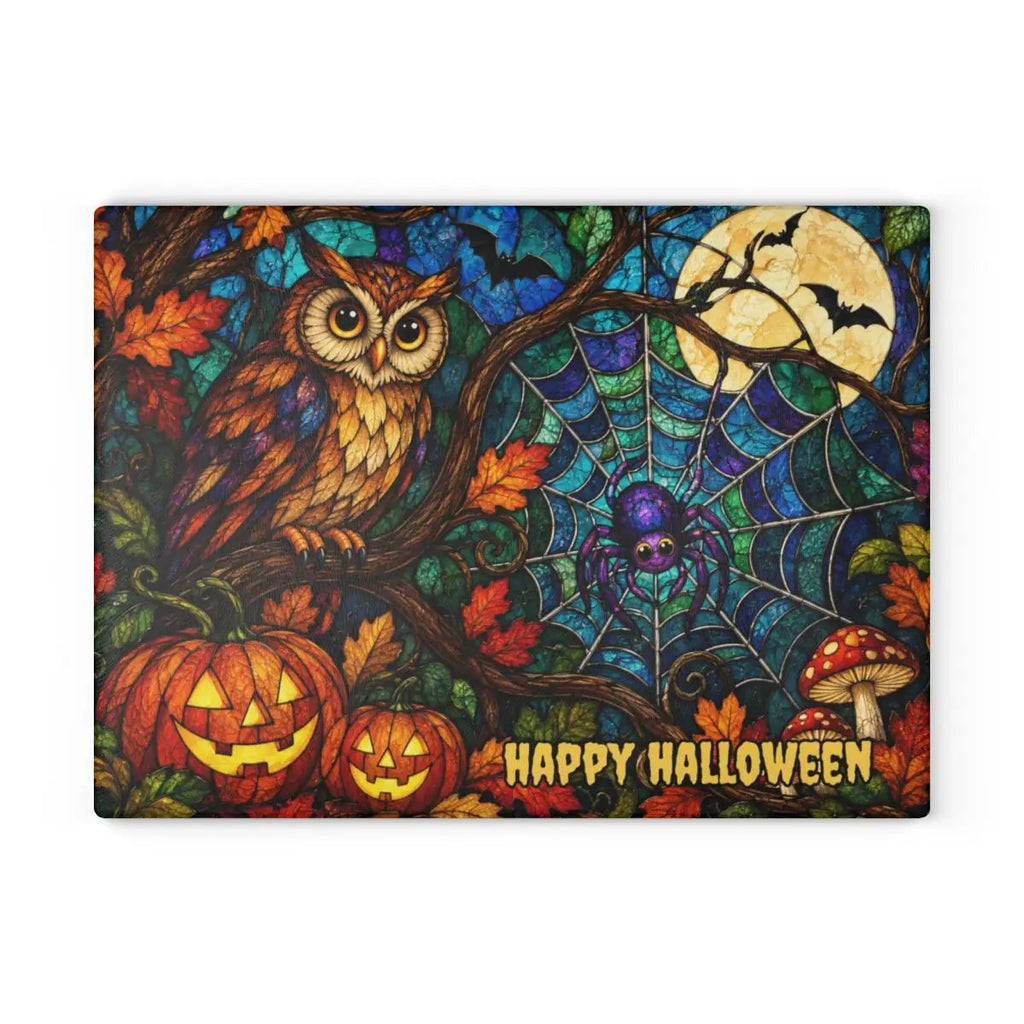 Halloween Owl Personalized Glass Cutting Board, Spooky Spider Kitchen Decor
