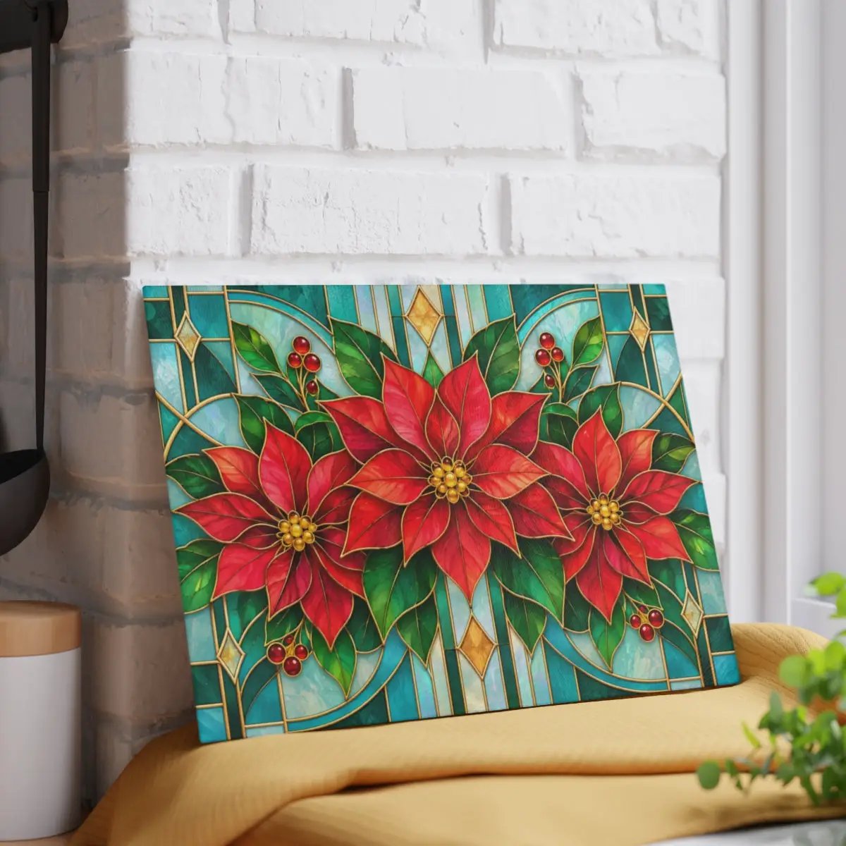 Christmas Poinsettia Glass Cutting Board, Stained Glass Floral Kitchen Decor, Holiday Serving Board, Festive Cooking Gift for Home Chefs