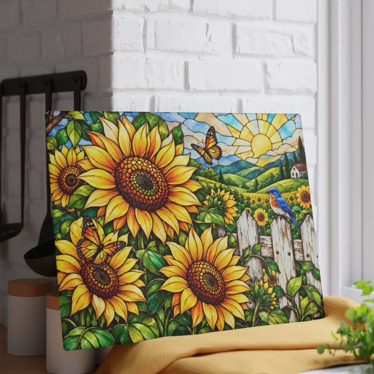 Sunflower Glass Cutting Board, Country Garden Kitchen Decor, Butterfly Sunflower Gift, Bluebird Floral Board, Cottage Kitchen Decor