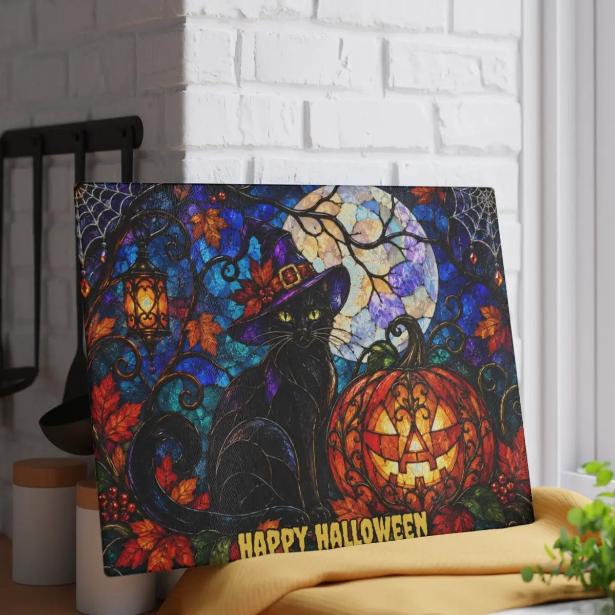 Halloween Black Witch Cat Personalized Glass Cutting Board, Spooky Pumpkin Kitchen Decor