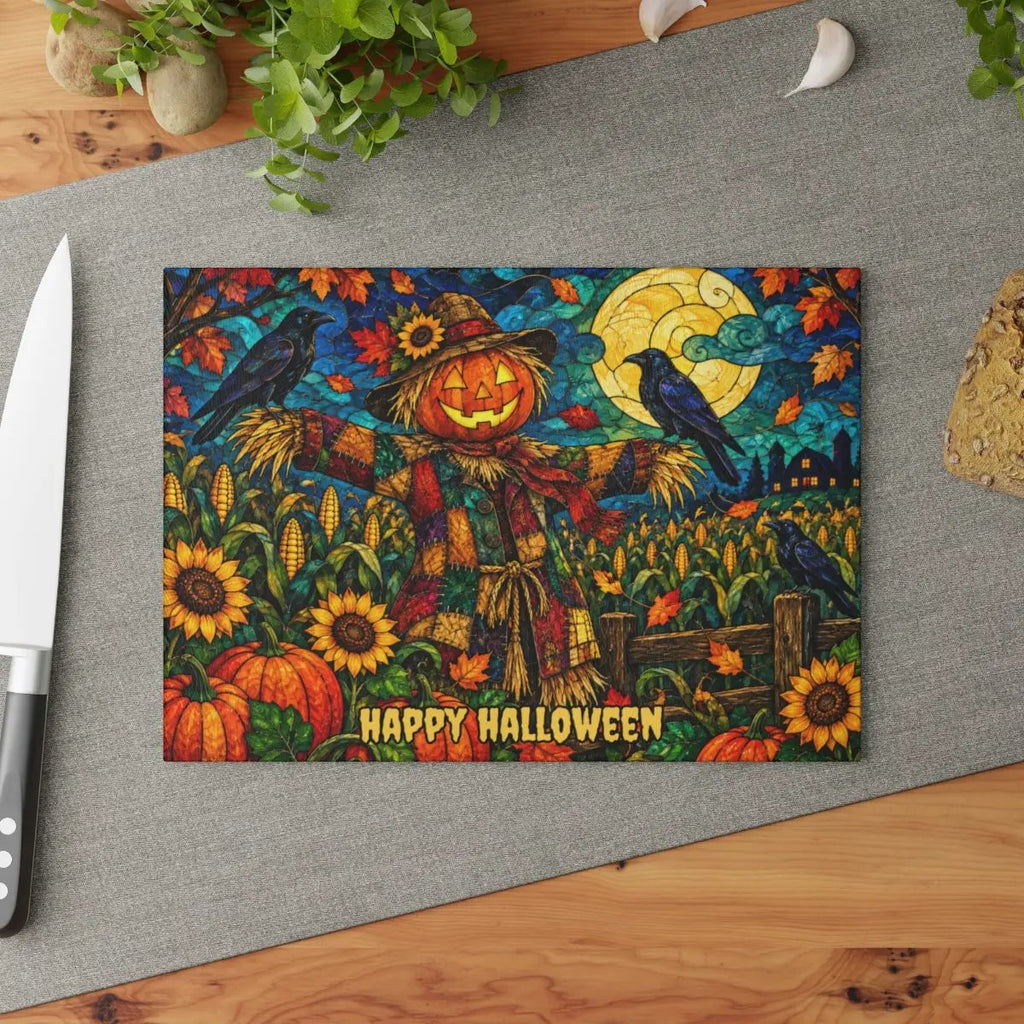 Halloween Scarecrow Personalized Glass Cutting Board, Spooky Pumpkin Kitchen Decor