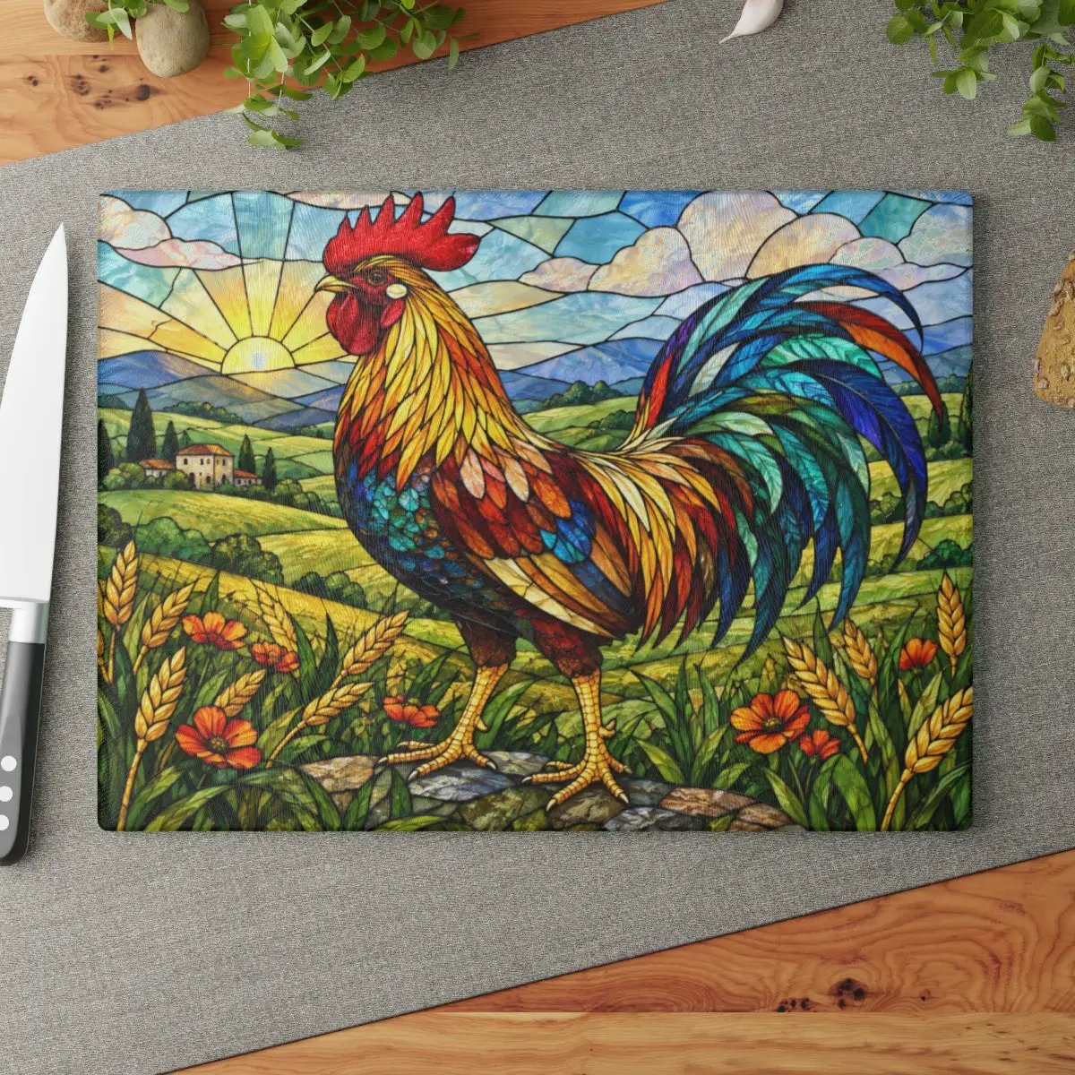Rooster Glass Cutting Board, Colorful Farmhouse Kitchen Decor, Stained Glass Rooster Art, Country Kitchen Gift, Rustic Farm Decor