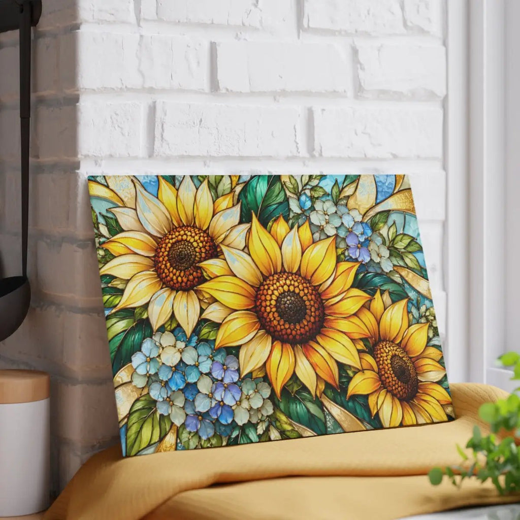 Sunflower Glass Cutting Board, Blue Hydrangea Kitchen Decor, Yellow Floral Cutting Board, Flower Lover Gift, Stained Glass Kitchen Art