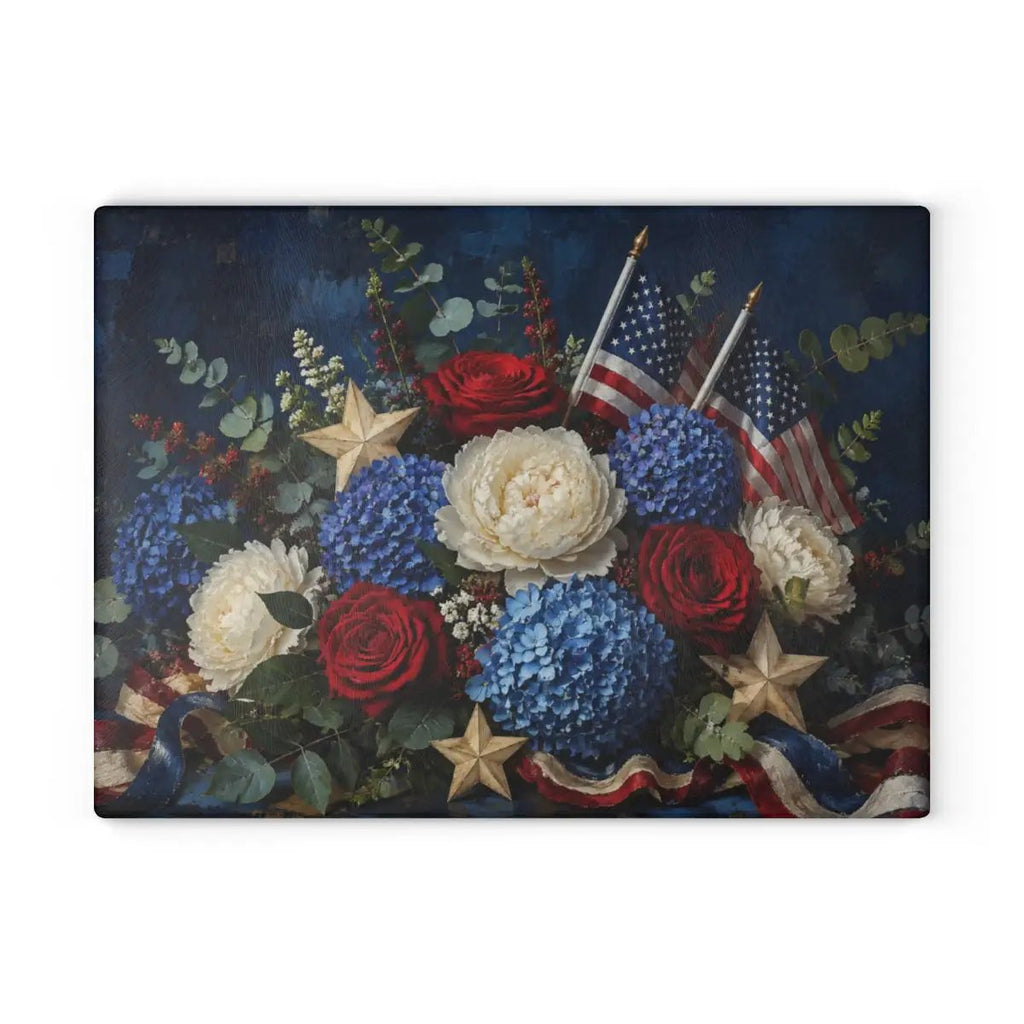 Patriotic Floral Cutting Board, American Flag Glass Cutting Board, Red White Blue Kitchen Decor, Americana Gift, 4th of July Decor