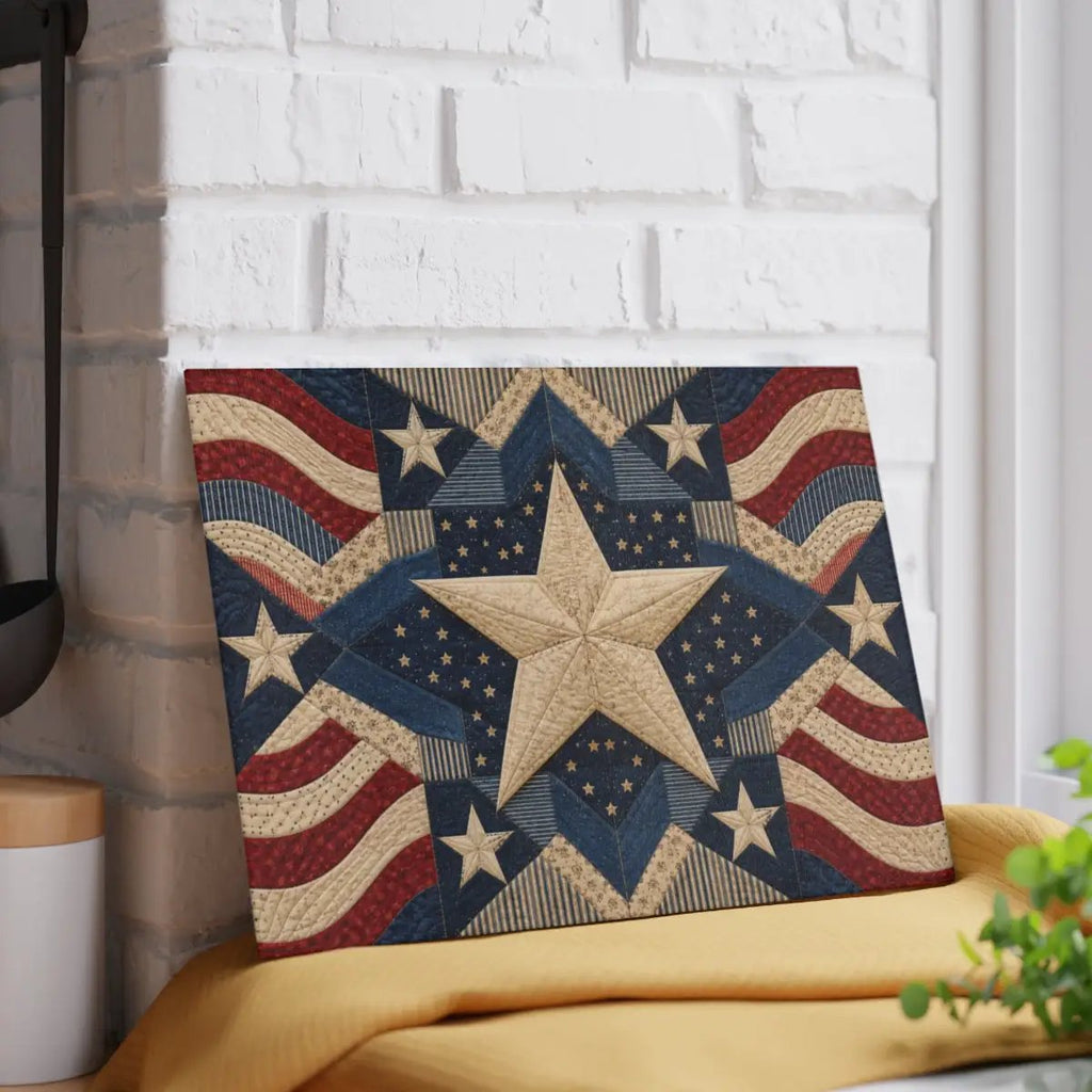 Patriotic Quilt Cutting Board, American Flag Glass Cutting Board, Americana Star Kitchen Decor, Quilter Gift, Red White Blue Decor