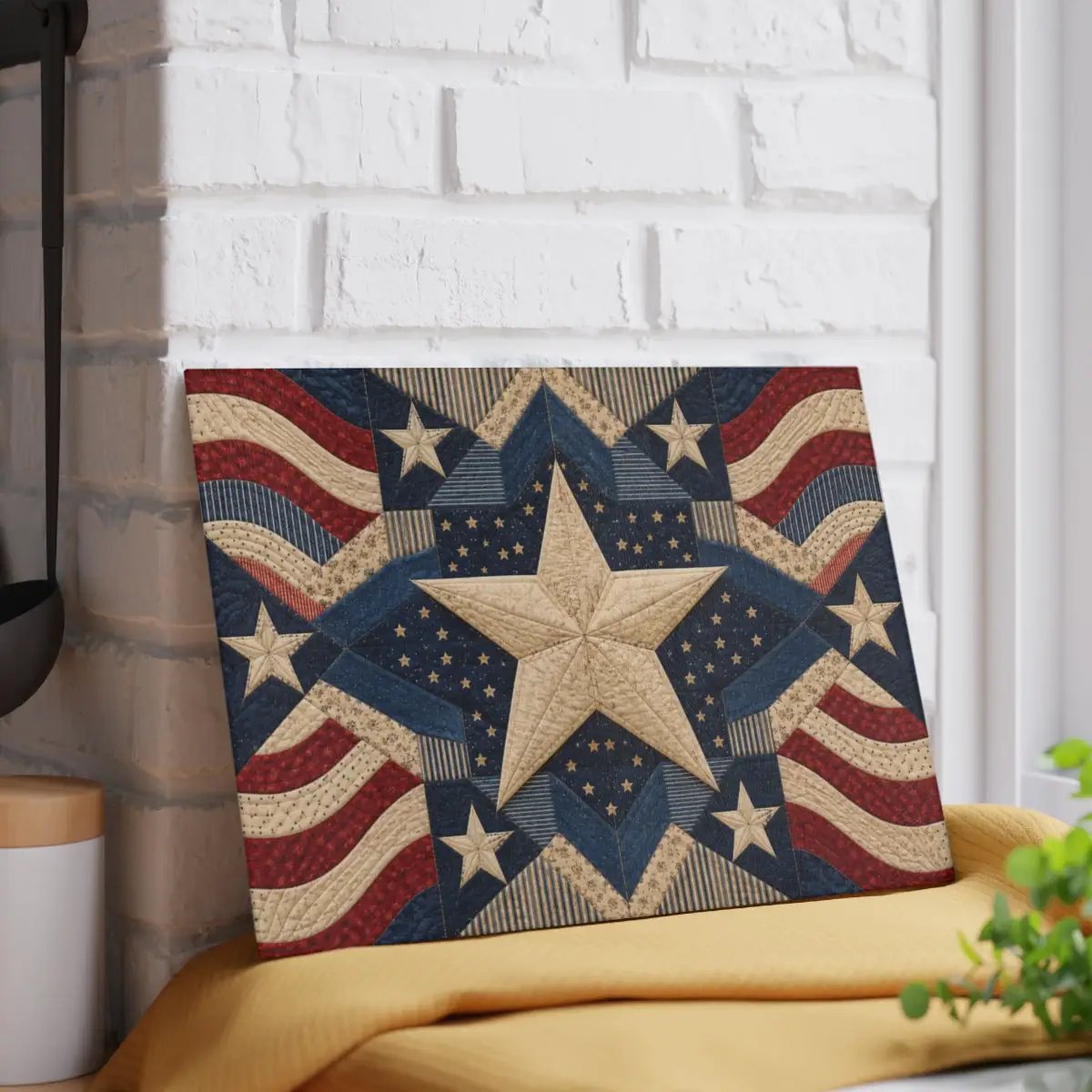 Patriotic Quilt Cutting Board, American Flag Glass Cutting Board, Americana Star Kitchen Decor, Quilter Gift, Red White Blue Decor