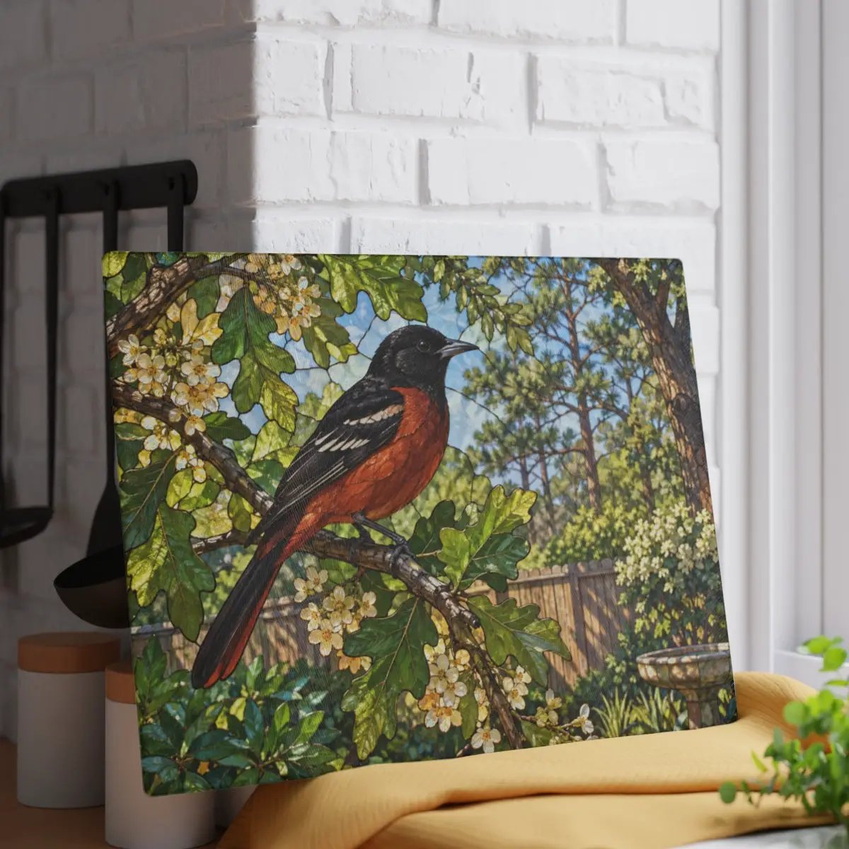 Orchard Oriole Glass Cutting Board, Backyard Bird Kitchen Decor, Oriole Bird Lover Gift, Nature Serving Board, Birdwatcher Gift