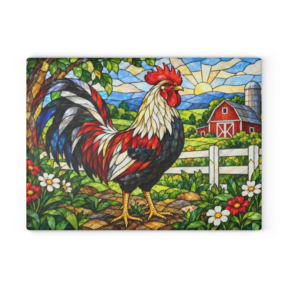 Rooster Glass Cutting Board, Red Barn Farmhouse Kitchen Decor, Country Rooster Art, Stained Glass Farm Decor, Rustic Kitchen Gift