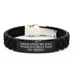 Funny Therapist Gifts from World's Best Dad - Therapist By Day, World's Best Dad By Night. Glide lock Clasp Bracelet for Christmas