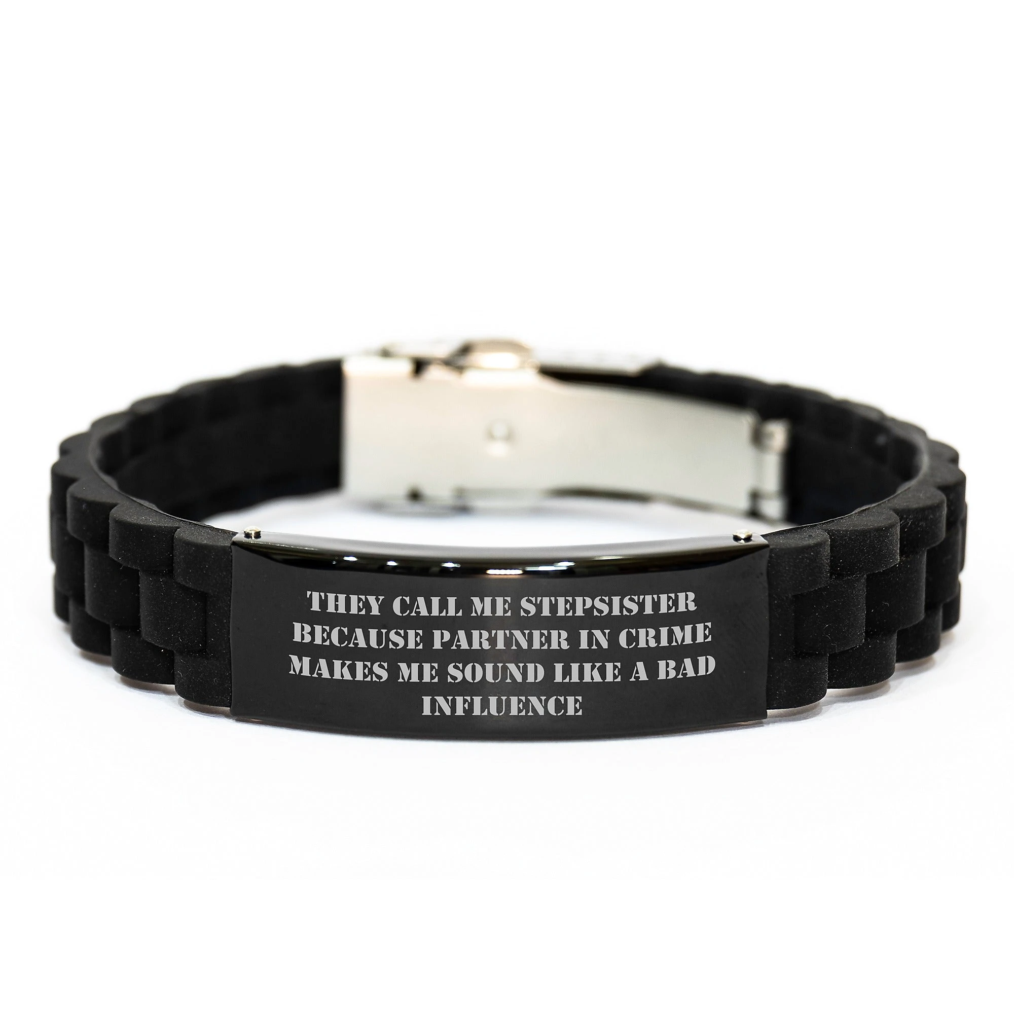 Funny Stepsister Quote Glide lock Clasp Bracelet - Gifts from Sister to Stepsister, Perfect Christmas Unique Gifts for Stepsister Partner in Crime, Adjustable Black Stainless Steel Bracelet