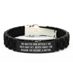Funny Inspirational Doctor Gifts from Friends for Doctor Men Glide lock Clasp Bracelet, Silver Black Stainless Steel Silicone Christmas Unique Gifts