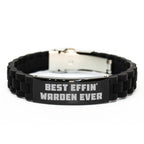 Funny Warden Gifts from Friends, Best Effin' Warden Ever Glide lock Clasp Bracelet for Him, Black Stainless Steel Christmas Unique Presents